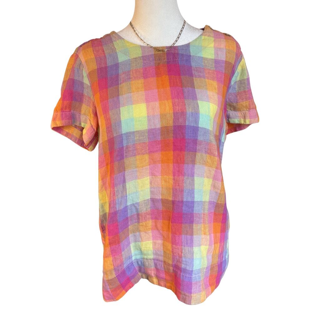 Lands' End Rainbow Madras Plaid 100% Linen Short Sleeve Top Size Small